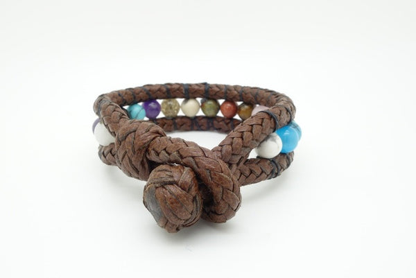 Handmade leather and natural stone bracelets. 8"
