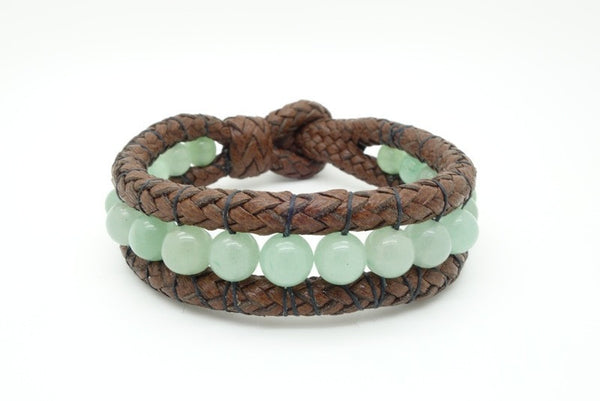Handmade leather and natural stone bracelets. 8"