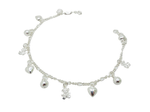 22cm Sterling Silver Anklet Heart Teddy Bear  Accents
