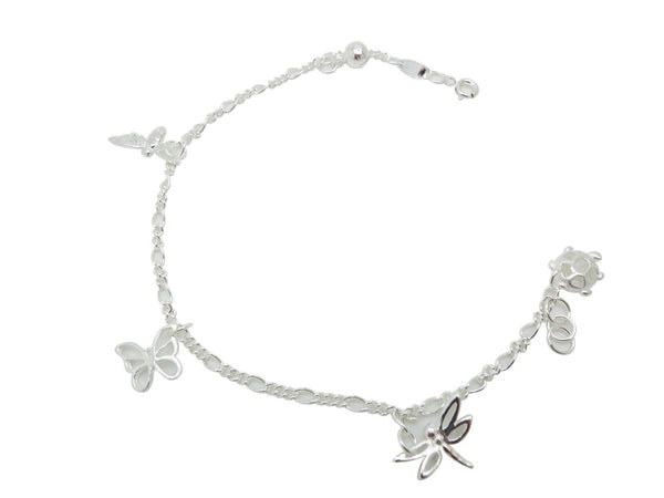 22cm Sterling Silver Anklet Dragonfly Butterfly Turtle Accents