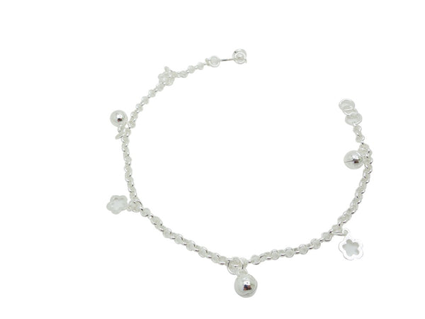 21cm Sterling Silver Anklet with Ball and flower Accents