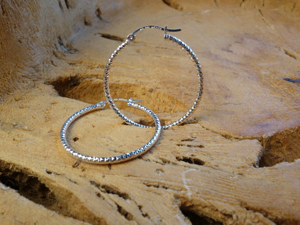 Handcrafted solid sterling .925 silver 30cm Diamond Cut Solid Silver  HOOP Earrings from Taxco, Mexico