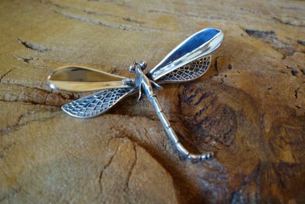 Handcrafted solid sterling .925 silver dragonfly pendant pin from Taxco, Mexico