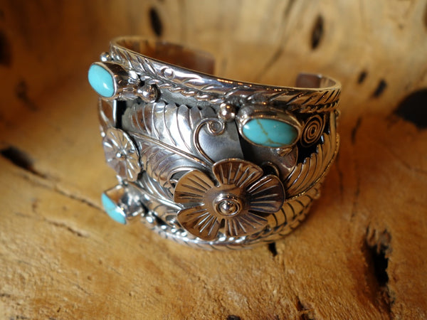No Mas! 6cm CUFF with Turquoise Leaf and Flower accent Solid 925 Silver Bracelet